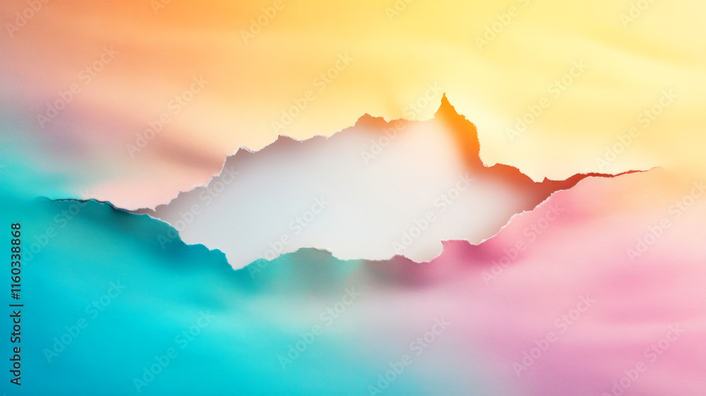 Poster colorful abstract background with torn paper edge and bright light emerging from behind