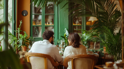couple enjoying romantic dinner in cozy restaurant surrounded by lush greenery and warm lighting. intimate setting creates serene atmosphere for their evening