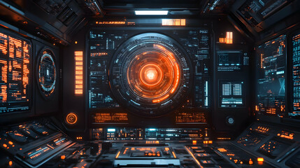 Fototapeta premium Futuristic control panel with glowing interfaces and circular core design.