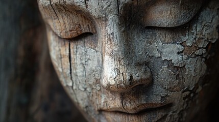 Close-Up of Weathered Wooden Sculpture of Serene Human Face