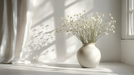 A simple vase with white flowers casts shadows in a bright, minimalist interior.