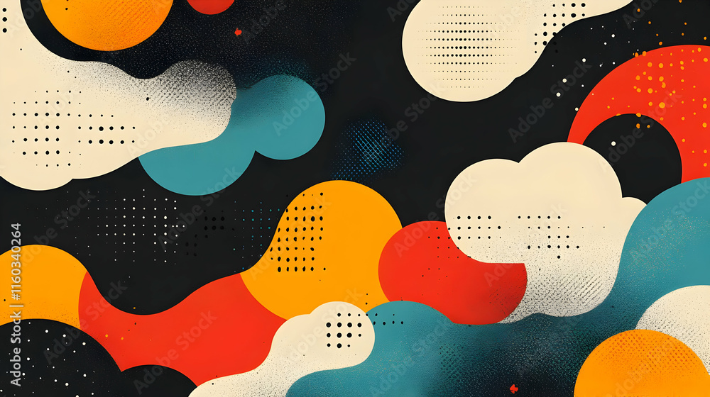 Aufkleber abstract design featuring colorful shapes and clouds on a dark background.