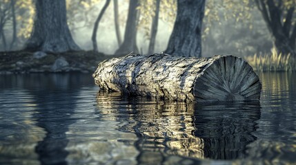 Tranquil Nature Scene with Log Floating on Still Water Surface