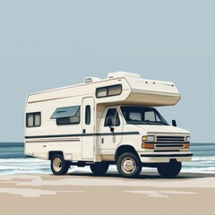 White camper van parked on sandy beach near ocean.