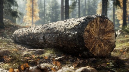 Fototapeta premium Fallen Tree Log on Forest Floor Surrounded by Green Nature Light