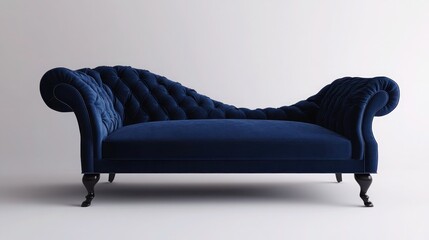 A deep blue sofa featuring a chaise lounge and soft cushioning, positioned on a white backdrop.