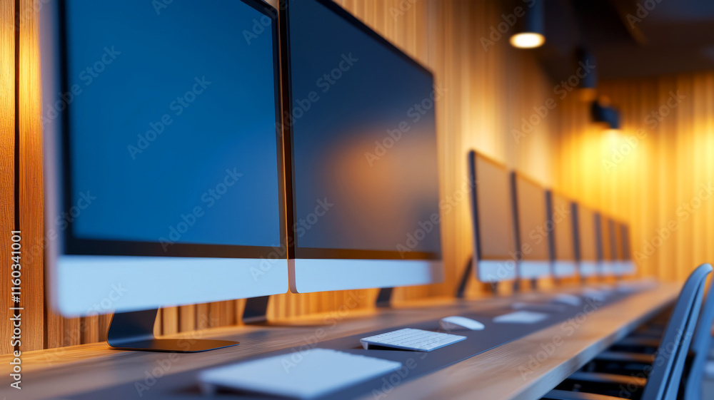 Poster modern workspace with multiple computer monitors and minimalist wooden interior design