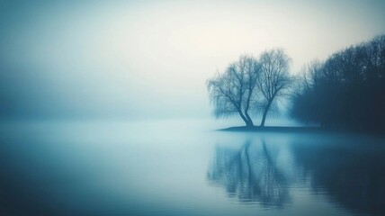 Misty Morning Lake Scene With Lone Trees