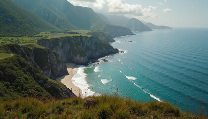 Stunning coastal landscape with waves and cliffs under bright blue sky and fluffy clouds