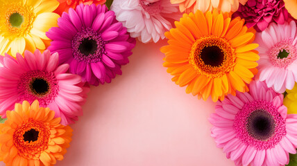 Vibrant Floral Arrangement with Colorful Gerbera Daisies on Soft Pink Background