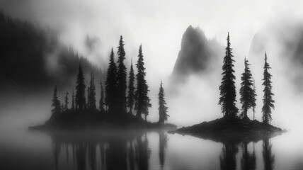 Misty Mountain Lake Island Silhouetted Trees