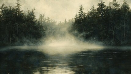 Fototapeta premium Serene Misty Lake Enveloped by Dark Green Trees