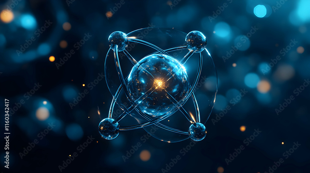 Poster a digital representation of an atom with electrons orbiting a nucleus, illustrating atomic structure