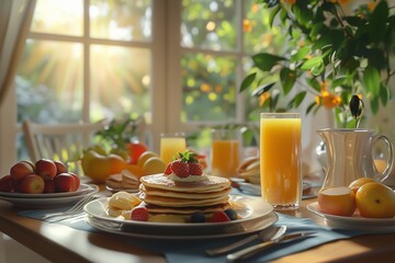 A dining table with a family breakfast spread of pancakes, juice, and fruit.