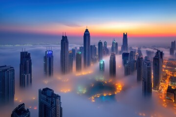 Fototapeta premium A Stunning Aerial View of a Modern Cityscape Surrounded by Thick Fog and Illuminated Skyscrapers at Dawn with Soft Color Gradients in the Sky