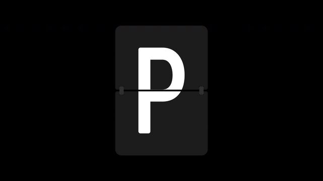 Alphabet P isolated flip board motion graphic with alpha channel. Airport scoreboard display panel animated on transparent background. Countdown, character, black, white, blue, red, yellow.