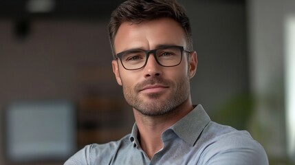 Obraz premium Close-up Photo: Confident Man Wearing Stylish Glasses Indoors. AI Generated