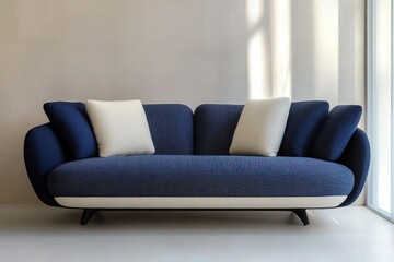 A dual-tone sofa in dark blue and white with sleek, contemporary lines, resting on white.