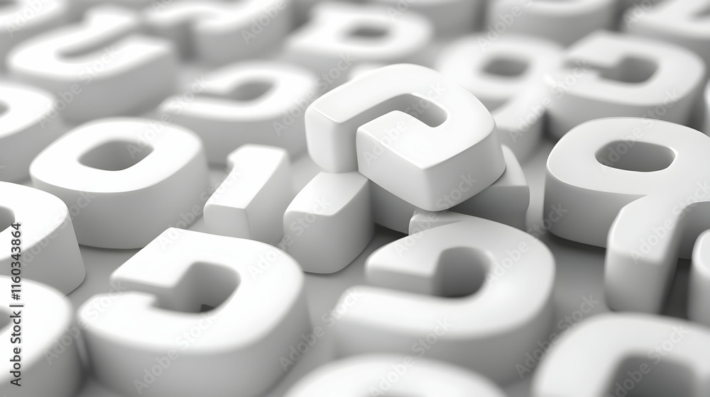 Poster a close-up of white 3d numbers scattered across a surface, creating a modern, abstract look.