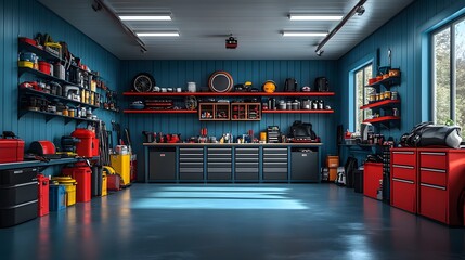Realistic image of a bright, organized garage featuring wall-mounted shelves and storage cabinets
