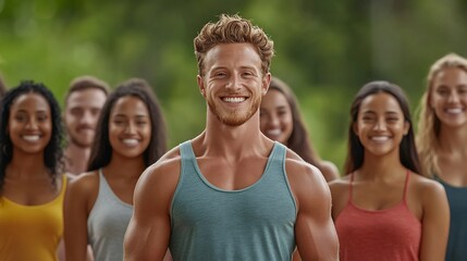 Smiling Man Confidently Leads Diverse Group Outdoors: Close-Up Photo. AI Generated