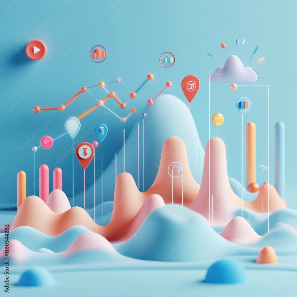 Aufkleber abstract 3d landscape with data visualizations and icons.