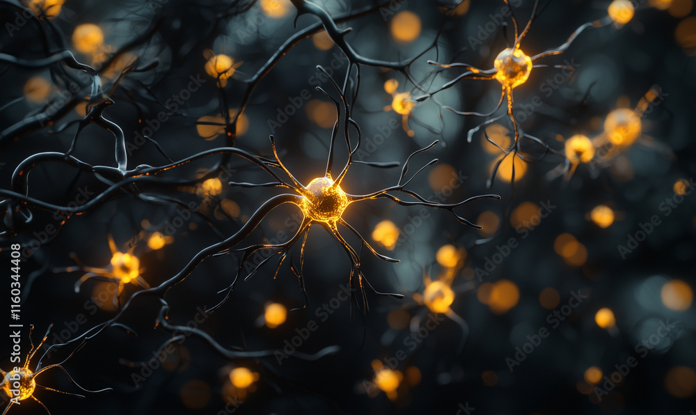 Poster illuminated neurons in a dark setting, showcasing intricate connections and vibrant details, symboli