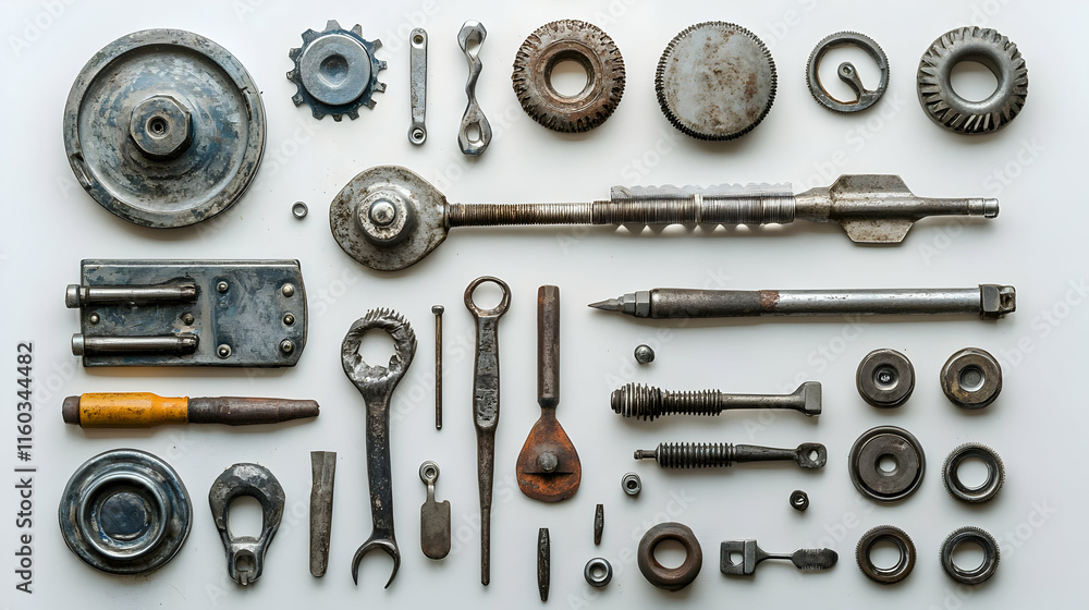 Aufkleber a collection of various tools and mechanical parts arranged on a surface.