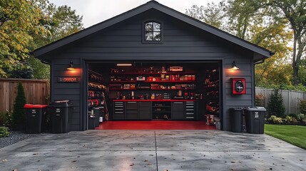 Tidy and spacious garage design with mounted racks, bins, and efficient layout