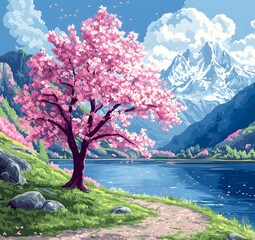 A magnificent and beautiful cherry blossom tree standing alone, with beautiful mountain and lake...