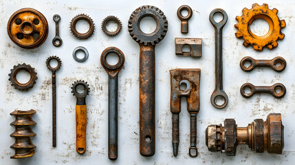 Fototapeta premium A collection of various rusted metal tools and mechanical parts arranged on a surface.