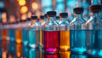 Pharmaceutical glass bottles filled with liquids in production line. Pharmaceutical productions concept. Suitable for marketing or business purposes. Panoramic banner with place for text