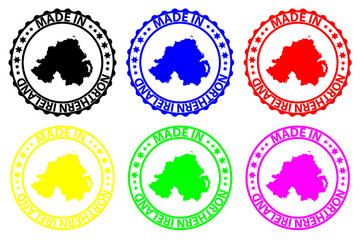 Made in Northern Ireland - rubber stamp - vector, Northern Ireland map pattern -black, blue, green, yellow, purple and red