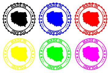Made in  Poland - rubber stamp - vector, Poland map pattern - black, blue, green, yellow, purple and red