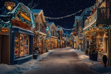 Fototapeta premium A charming snow-covered street, adorned with twinkling Christmas lights and festive decorations.