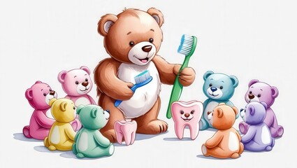 Teaching dental hygiene to children with a bear character classroom illustration playful educational