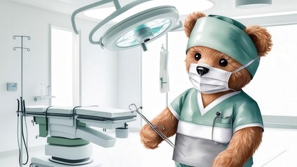 Surgical bear assistant in operating room cartoon style medical environment playful concept