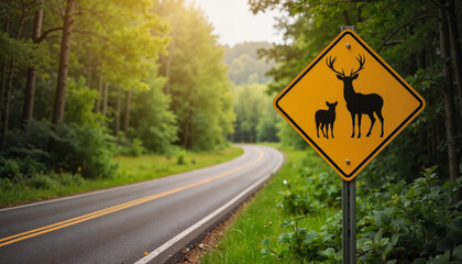 Deer crossing warning sign beside winding forest road