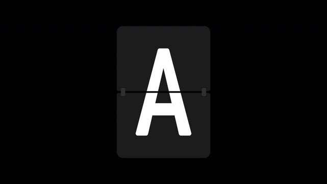 Alphabet A isolated flip board motion graphic with alpha channel. Airport scoreboard display panel animated on transparent background. Countdown, character, black, white, blue, red, yellow.
