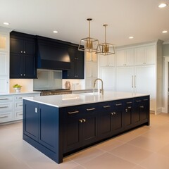 "A dynamic two-tone kitchen with dark navy lower cabinets, crisp white uppers, and gold accents, making a striking modern design statement."