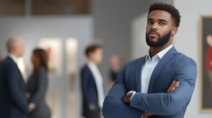 Fototapeta premium Confident Man Poses Sharply at Art Gallery Opening Photo. AI Generated