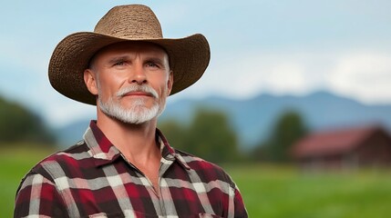Fototapeta premium Close-up Photo: Ruggedly Handsome Farmer Pensively Gazing Across Serene Mountain Landscape. AI Generated