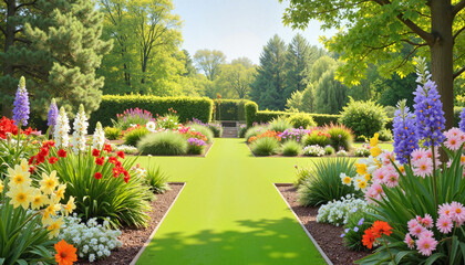 Obraz premium Vibrant flower garden in sunny landscape