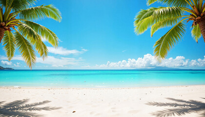 Tropical beach with palm trees and clear blue ocean