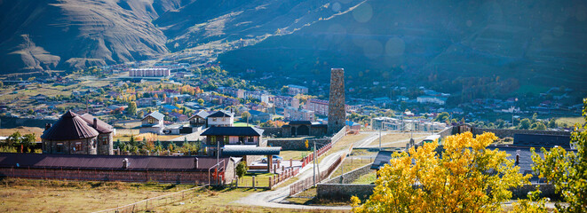 Fiagdon Russia, October 2022: Panorama of the mountain village of Upper Fiagdon