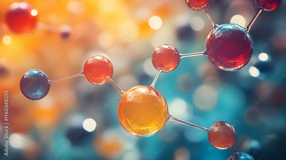 Poster a close-up of colorful molecular structures representing scientific concepts.