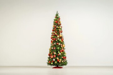 A tall, slender Christmas tree adorned with red, green, and gold ornaments stands against a white wall.