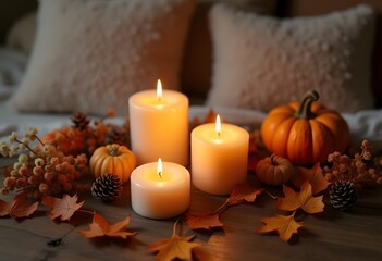 Tray with many burning candles and autumn decor on wooden table, closeup
