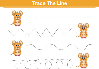 Trace line worksheets for children. Preschool handwriting practice with mouse. Vector illustration