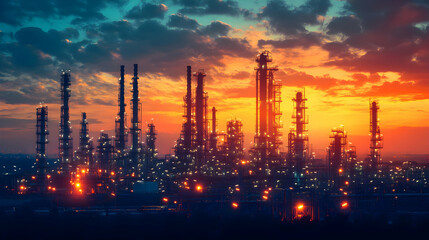 Industrial landscape at sunset, showcasing towering structures and glowing lights.